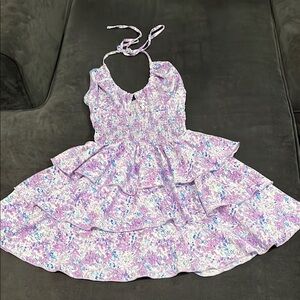 Summer Sundress in shades of Purple, blue & white. Ties behind neck. Keyhole. XS